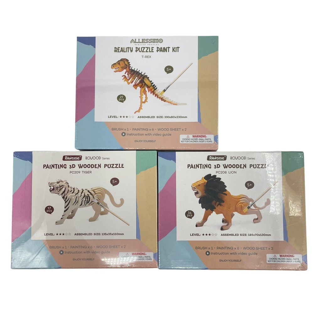3 x Allessimo 3D Wooden Puzzle & Paint Kits for Kids T-Rex Dinosaur Lion Tiger